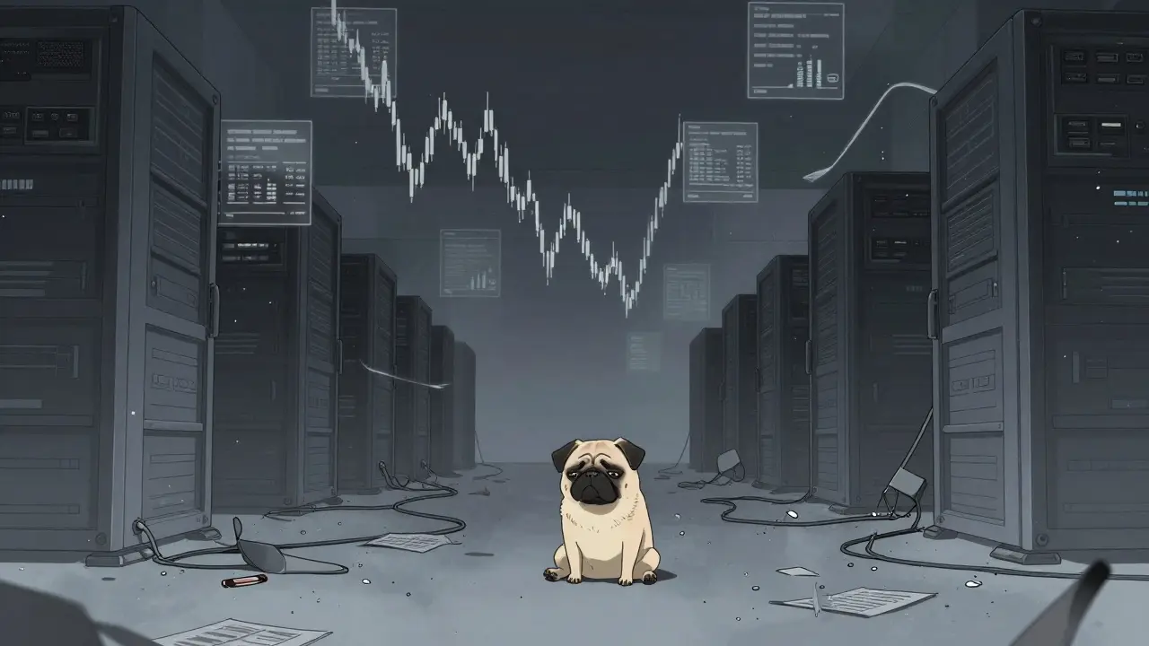 Lonely pug sitting amidst falling charts in a dark, empty space