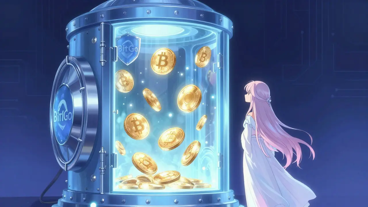 Magical secure vault protecting floating golden crypto coins in blue light
