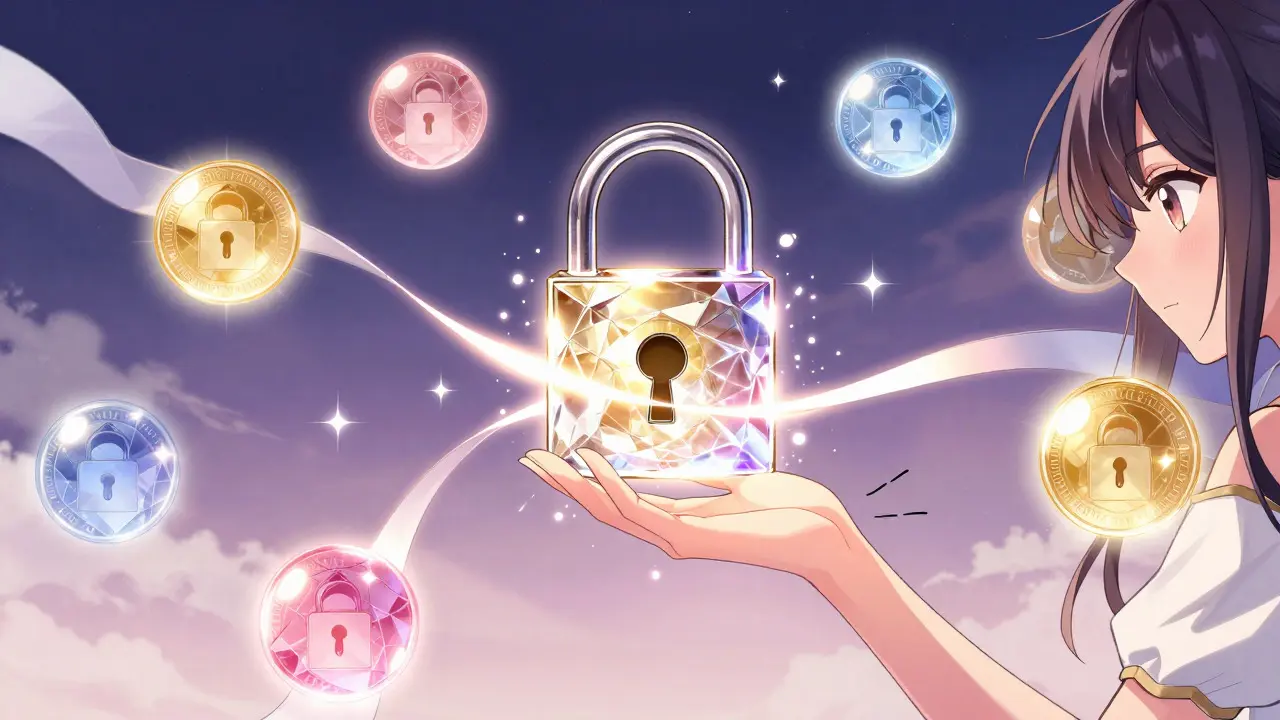 Manga art of user locking tokens in ve(3,3) system with glowing ribbons