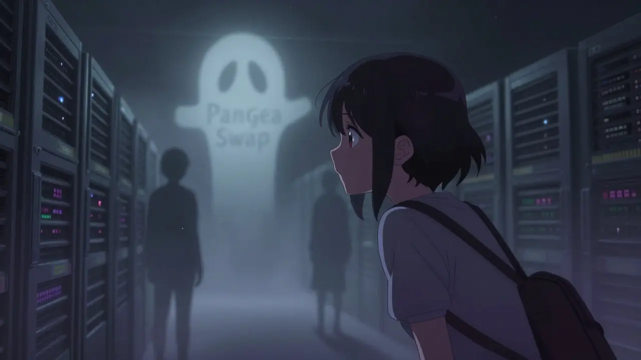 Manga character looking worried at a fading, ghostly crypto platform logo in mist