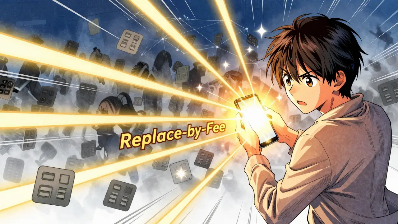 Manga character speeding up transaction with Replace-by-Fee