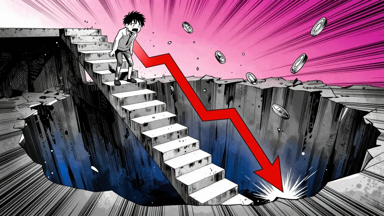 Manga character watching coins fall into an abyss, showing loss
