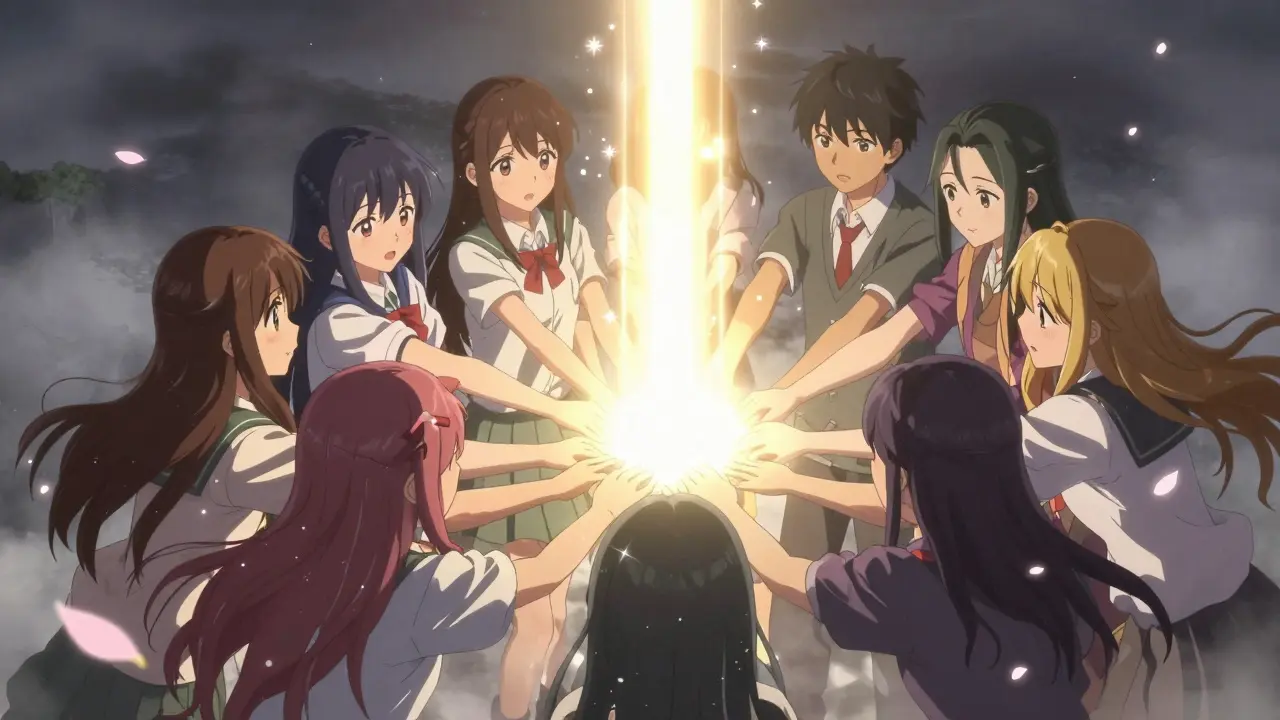 Manga characters joining hands to create a beam of light, illustrating Schnorr signature aggregation.