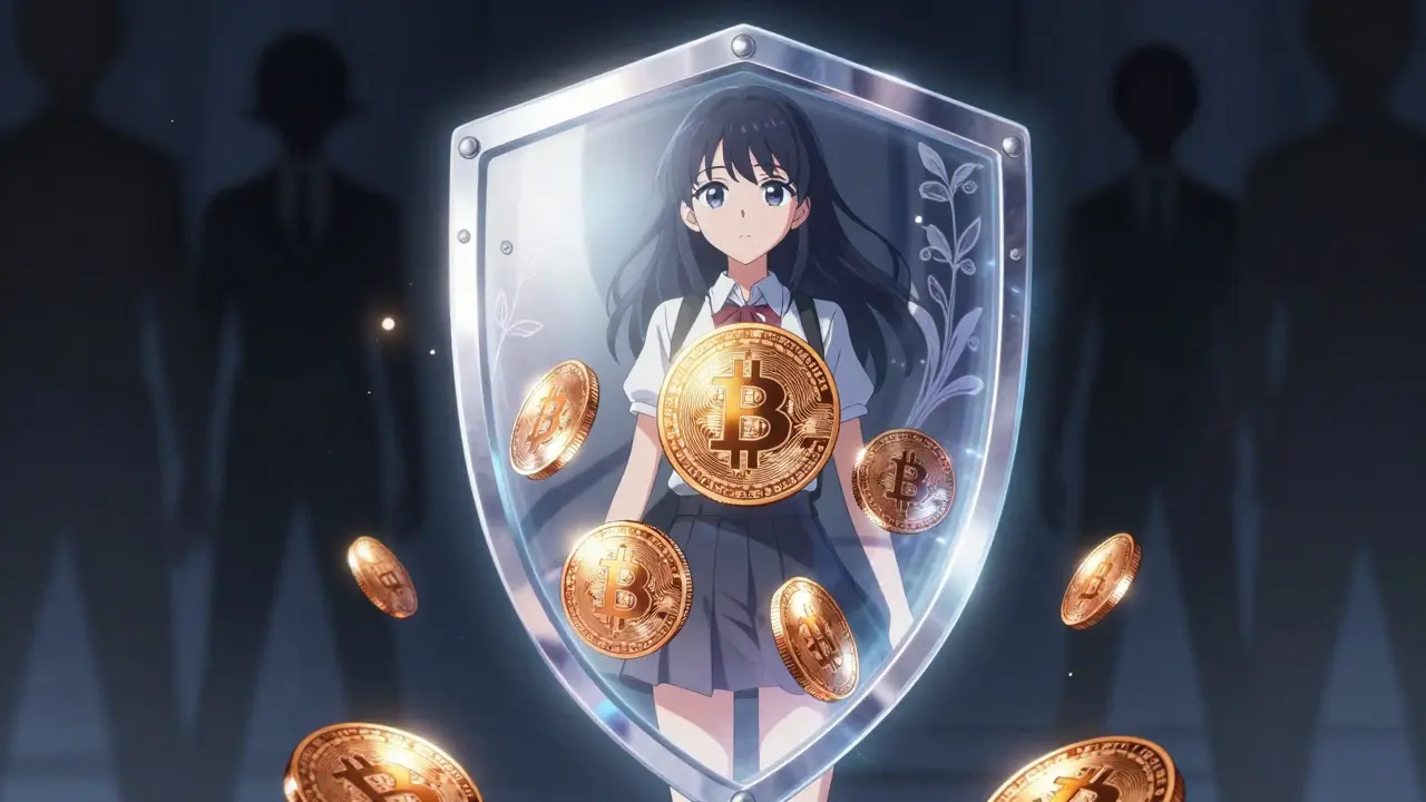 Manga girl protecting crypto coins with a glowing security shield