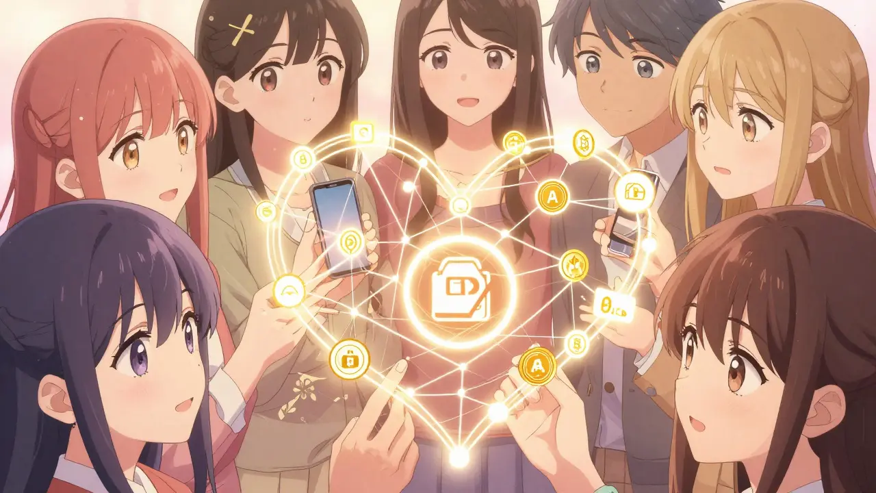 Manga style illustration of diverse people connected by blockchain for social good.