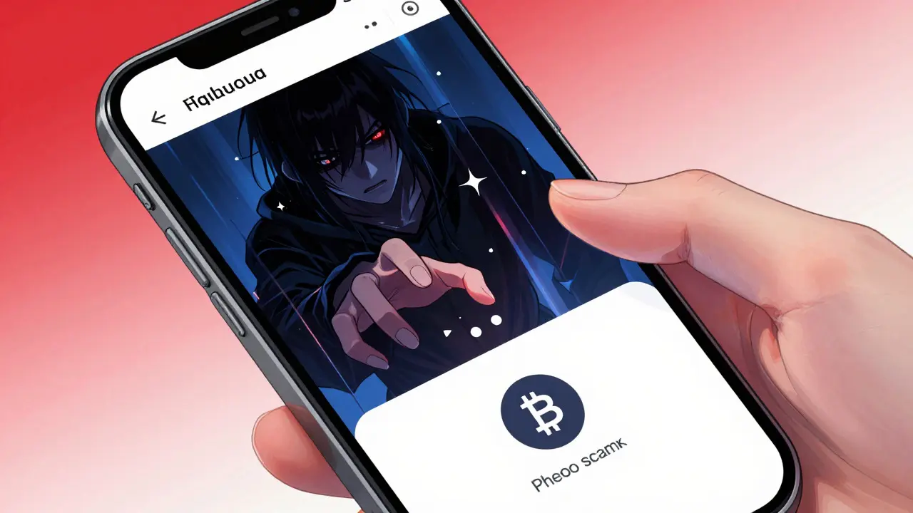 Manga style phone screen showing a phishing scam threatening a wallet