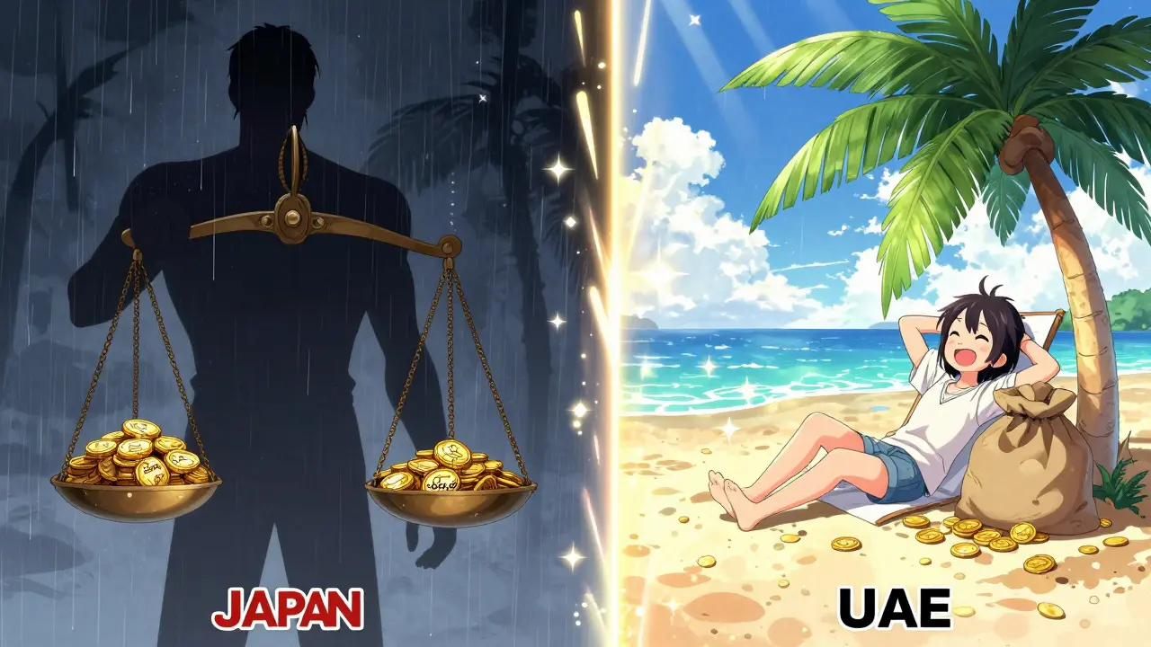 Manga style split scene comparing high tax burden vs tax-free paradise