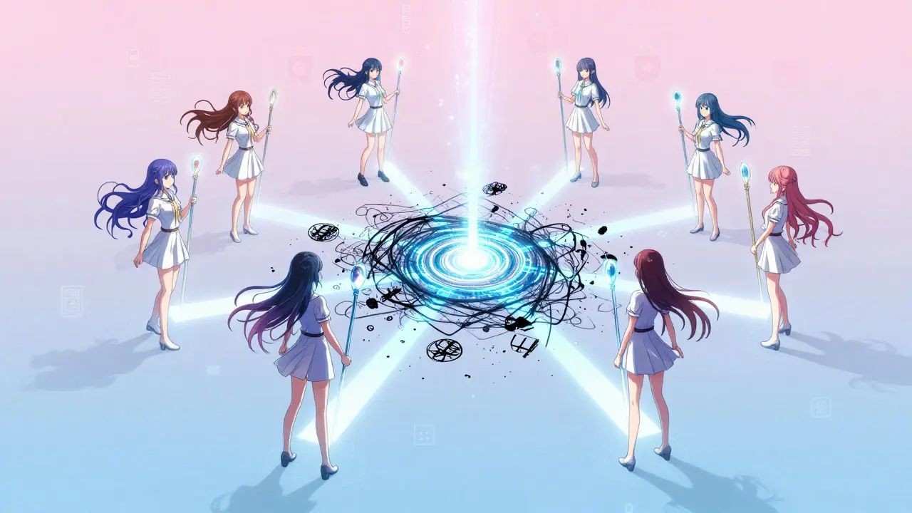 Manga validators reaching consensus with glowing light beams