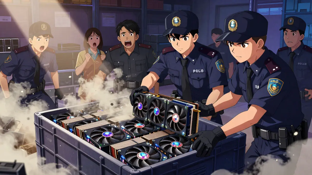 Police raiding an illegal crypto mining warehouse