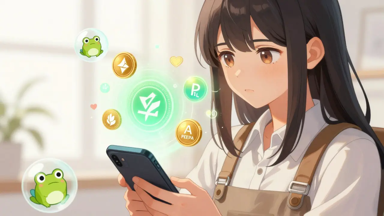 Shoujo character trading with holographic runes and frog icons