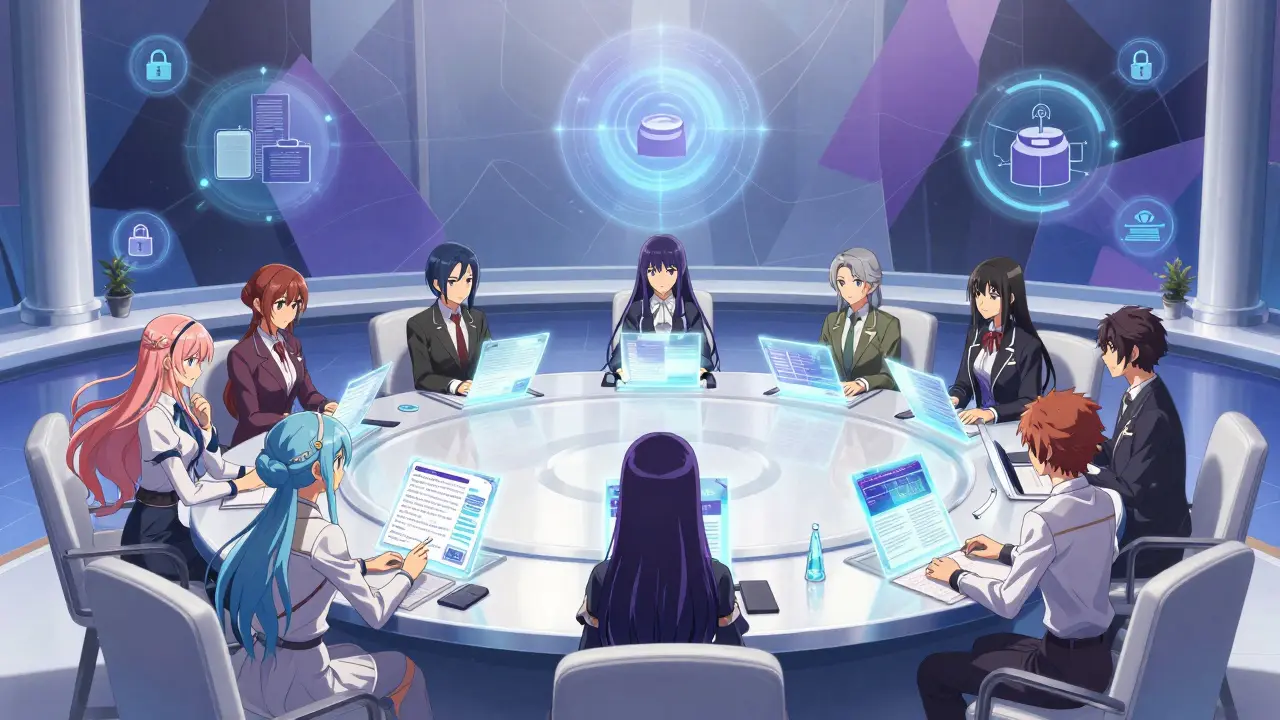 Shoujo manga scene of transparent decentralized crypto governance voting process.
