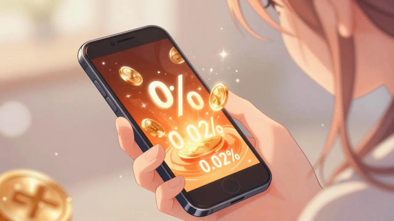 Shoujo style hand holding phone with floating crypto fee symbols