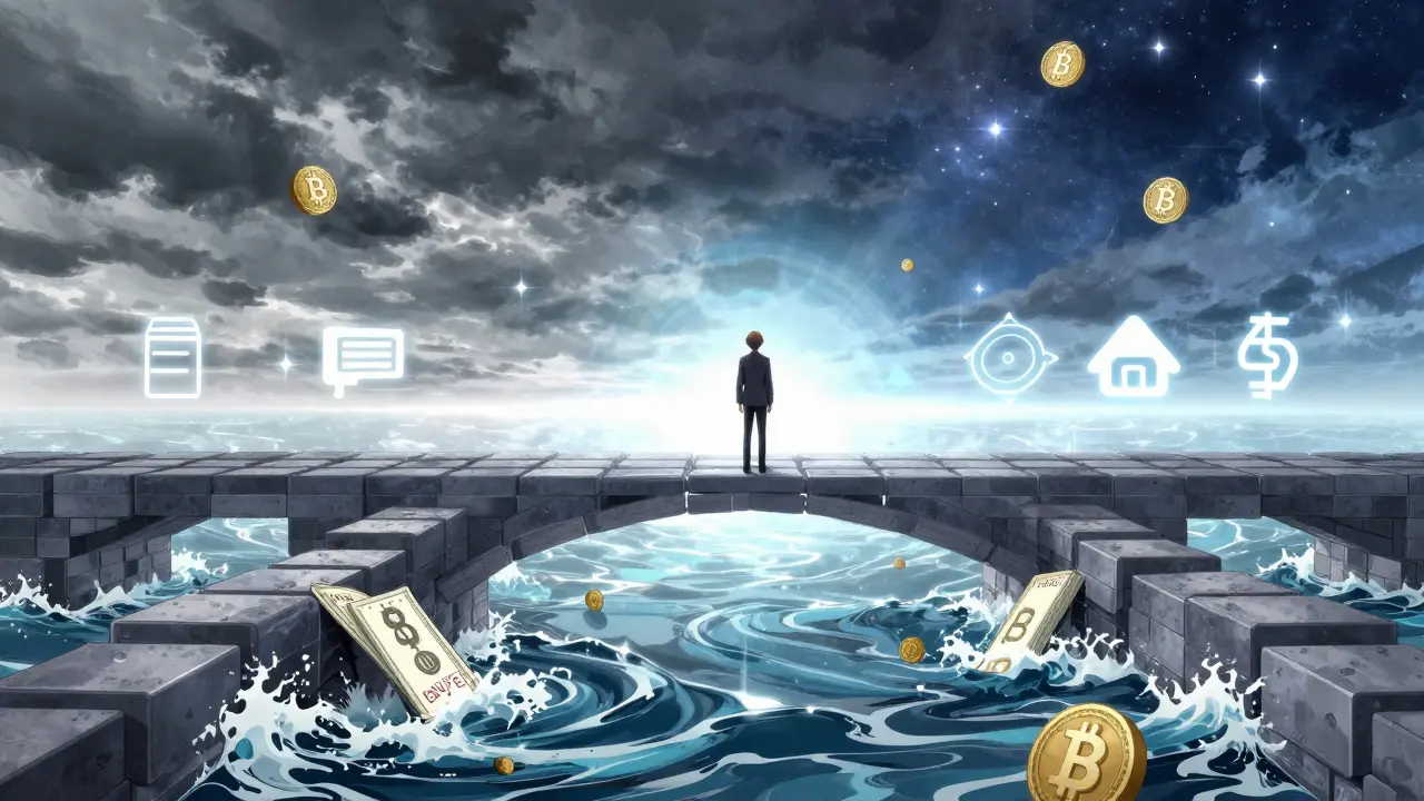 Symbolic bridge over economic turmoil leading to freedom