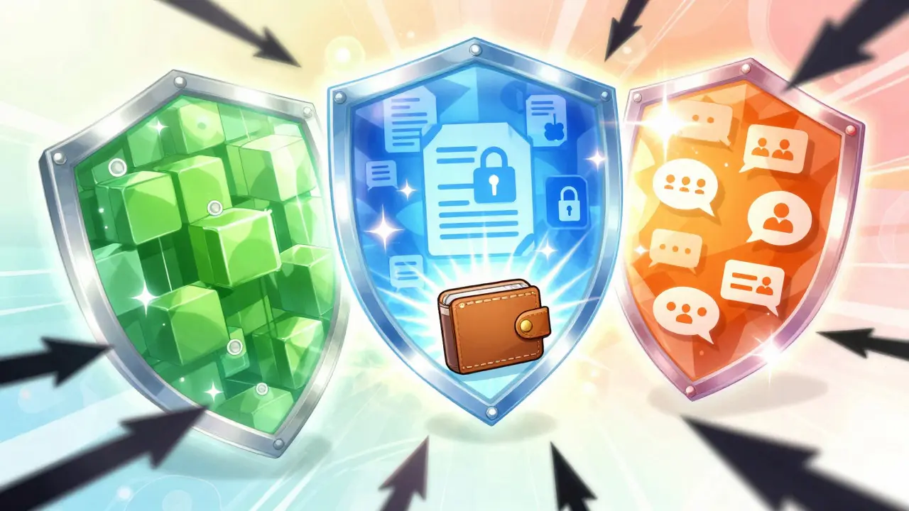Three data shields merging to protect a wallet