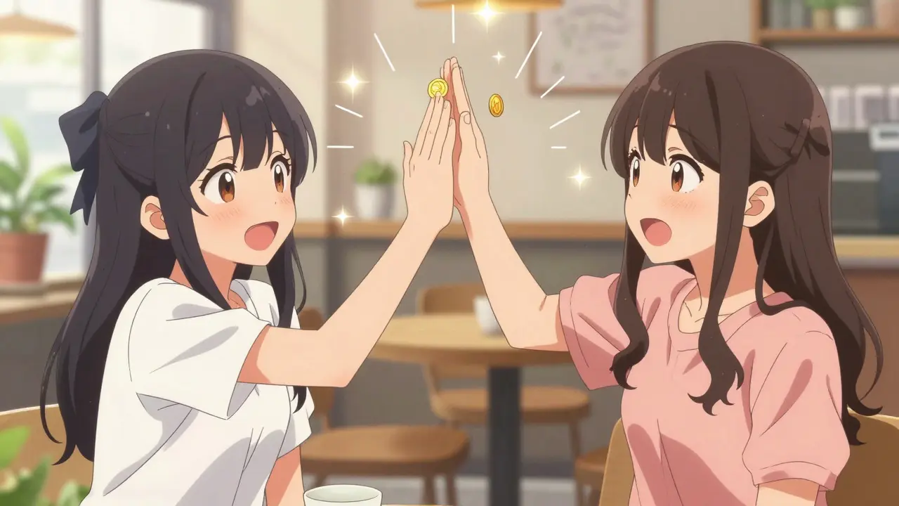 Two friends celebrating with a golden coin in a cafe