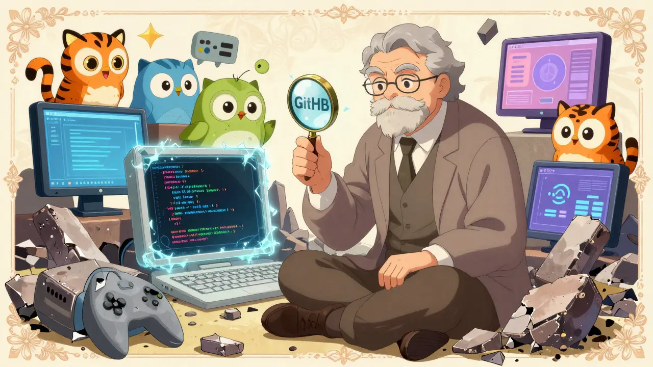 Wise anime mentor examining frozen code amidst ruins of failed projects.