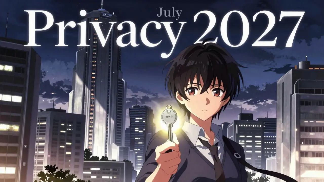 A dramatic shoujo manga cover featuring a protagonist holding a glowing privacy key against a looming regulatory cityscape, hinting at future bans.