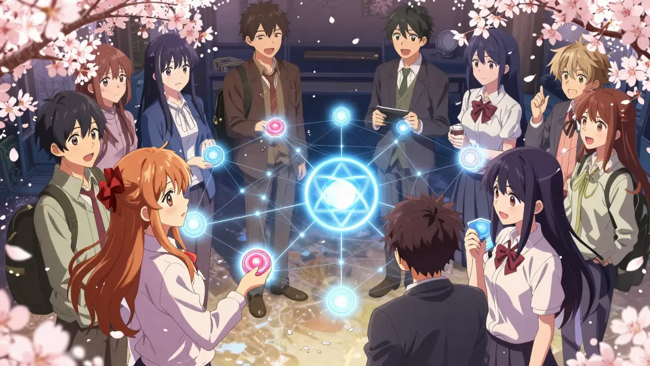 A hopeful shoujo manga scene of users trading privately via decentralized methods, with magical glowing connections and cherry blossoms, emphasizing community empowerment.