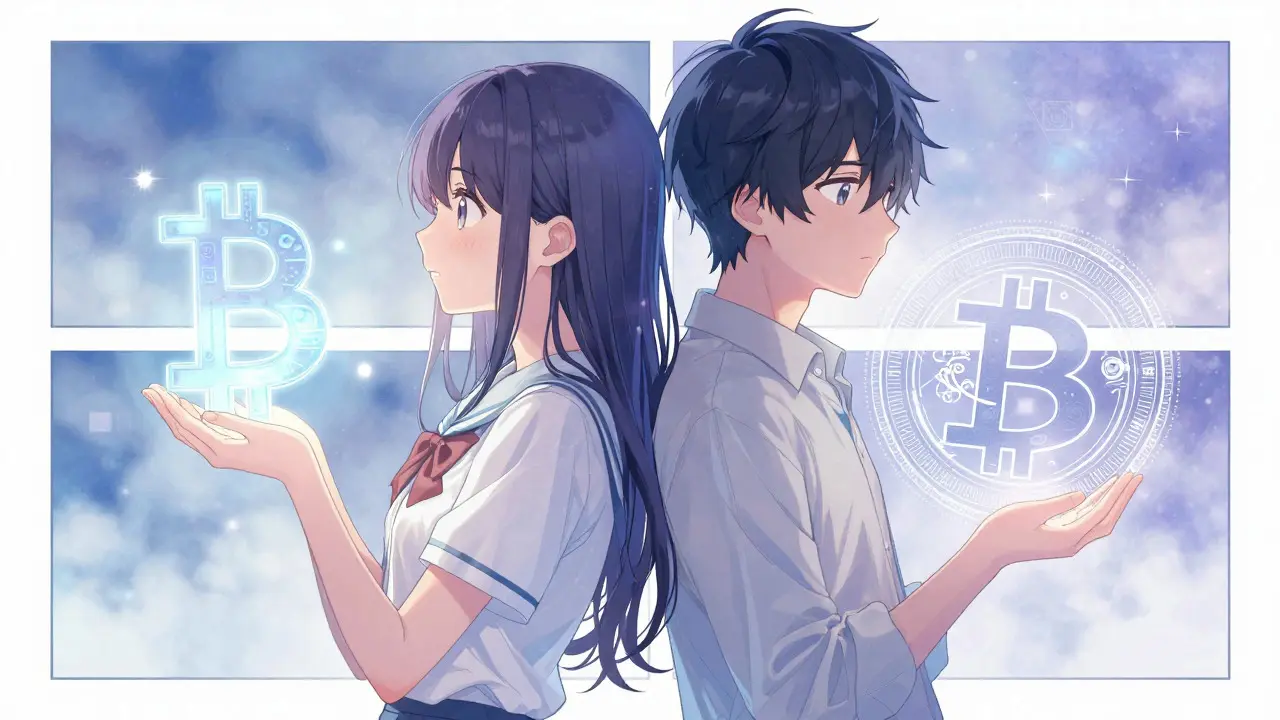 An artistic shoujo manga comparison showing transparent public coins versus hidden privacy coins, depicted with delicate ring signatures and soft pastel colors.