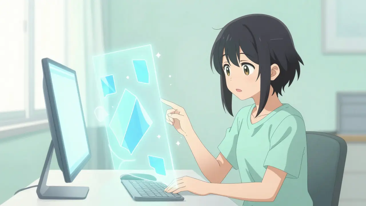 Anime art of a user in a bright room interacting with a simple, glowing digital interface