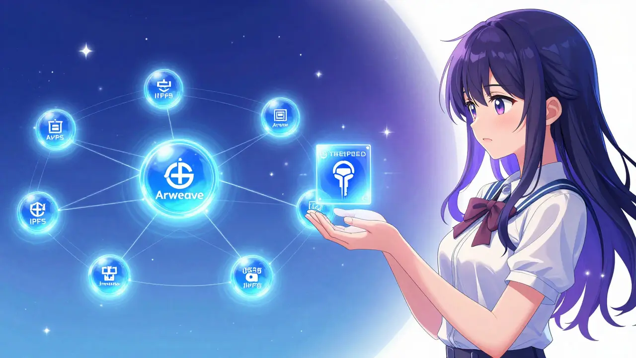 Anime character bridging decentralized storage and blockchain hash