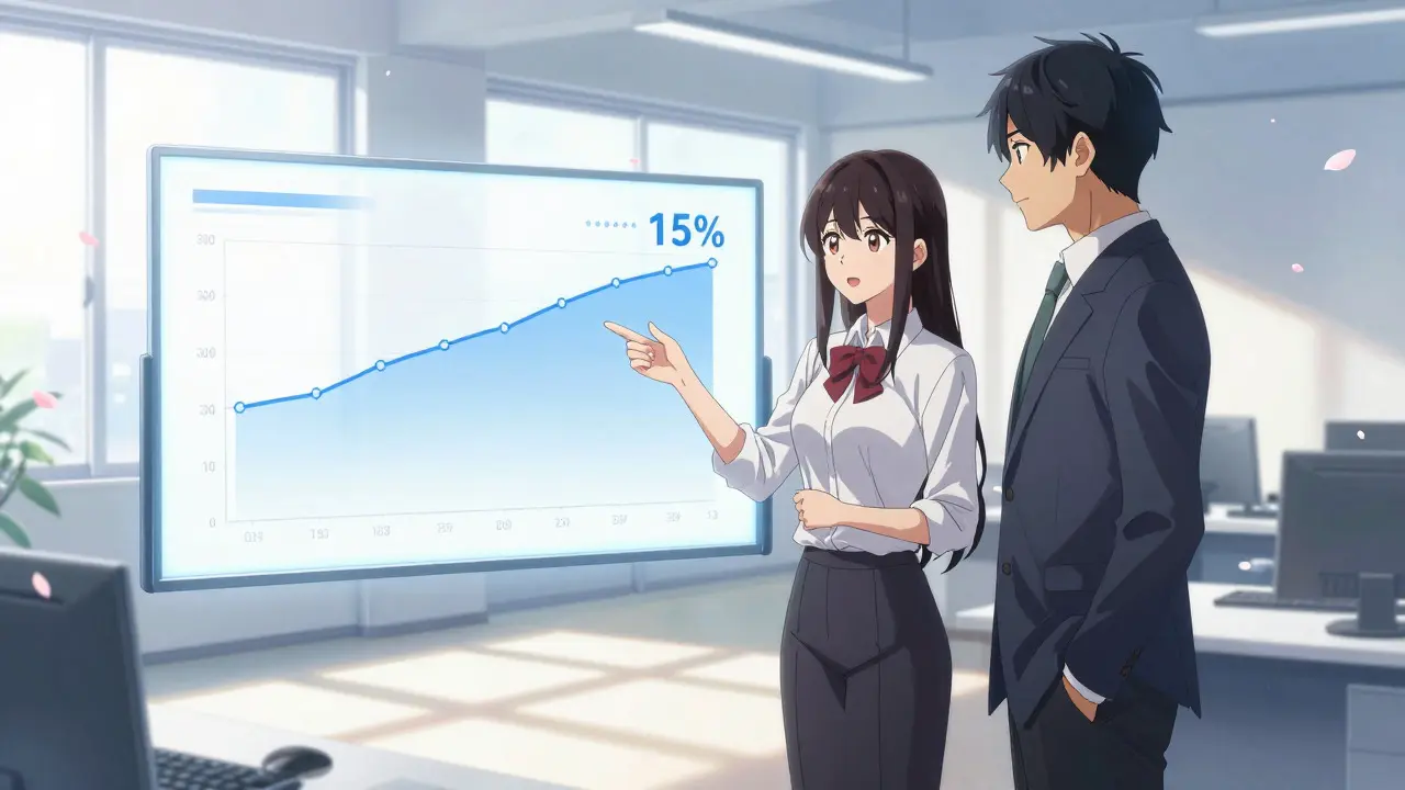 Anime couple reviewing a flat 15% tax chart in a bright office setting