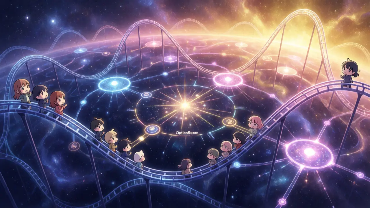 Anime depiction of crypto market volatility as a cosmic rollercoaster within the Polkadot ecosystem.