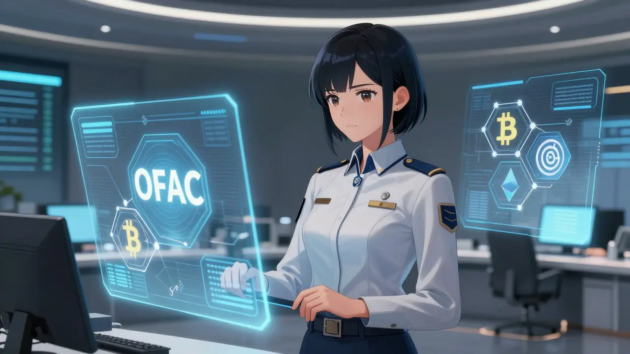 Anime female analyst in high-tech office monitoring blockchain transactions and wallet addresses.