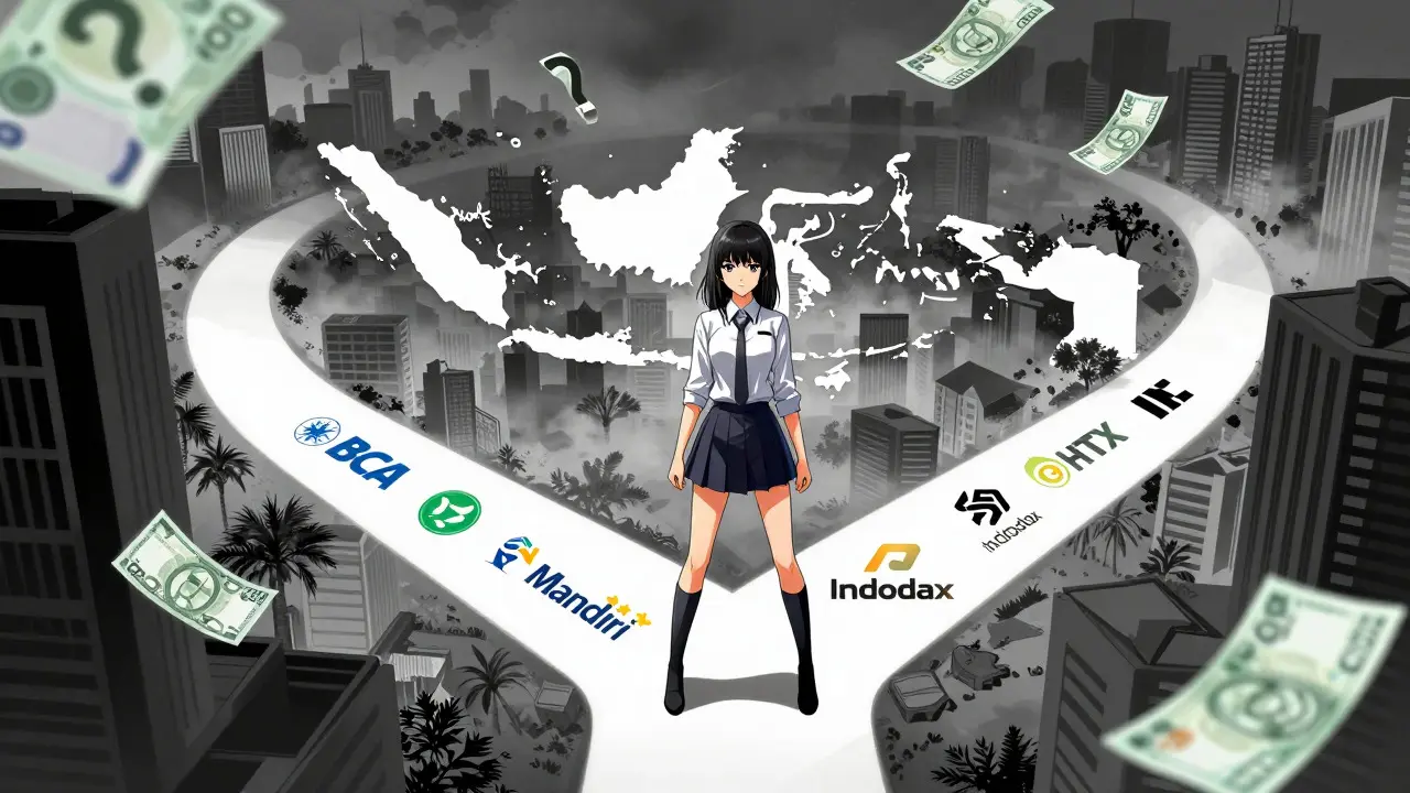 Anime girl facing choice between local and global crypto exchanges