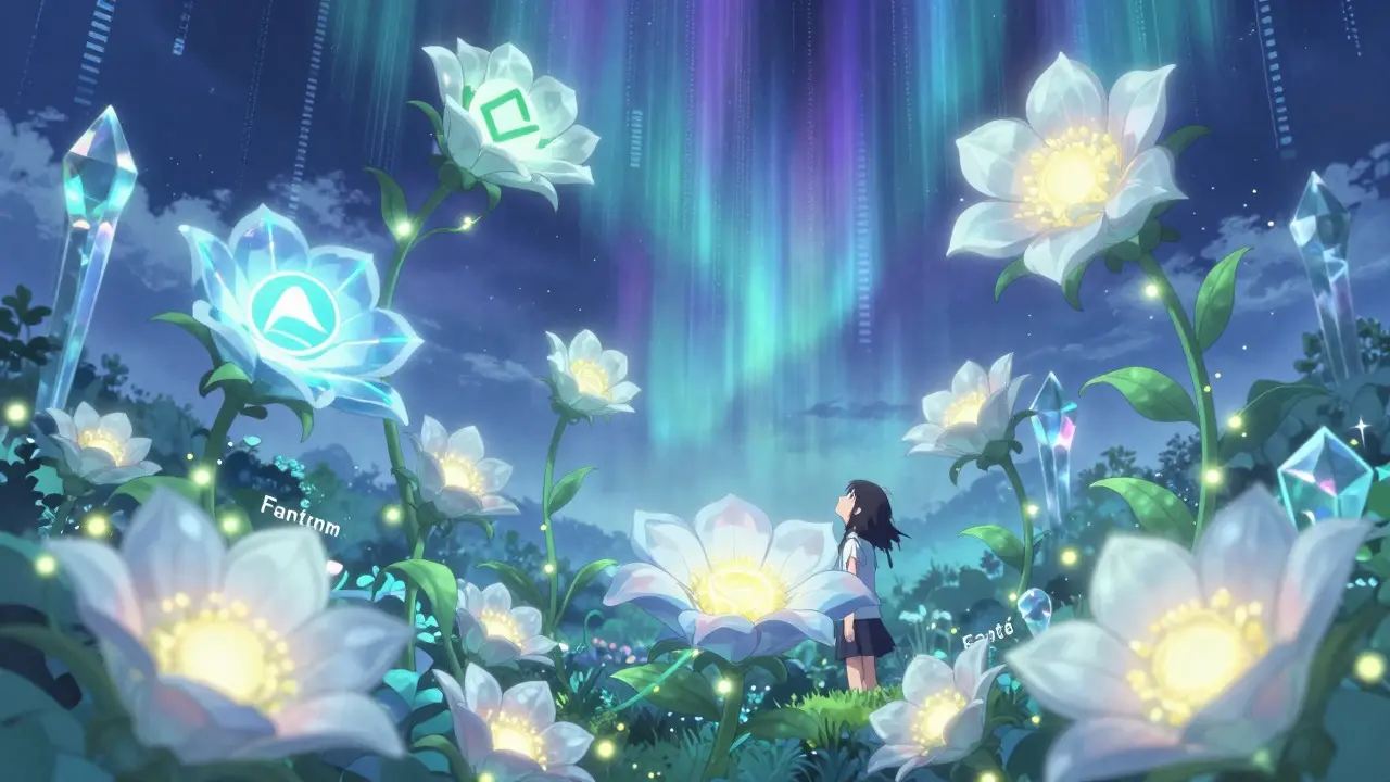 Anime girl peeking from a digital flower in a futuristic garden