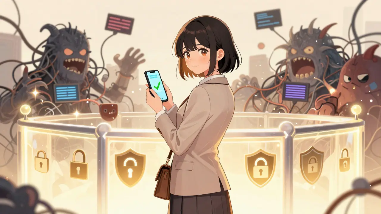 Anime girl protected by security shield against chaotic scam monsters