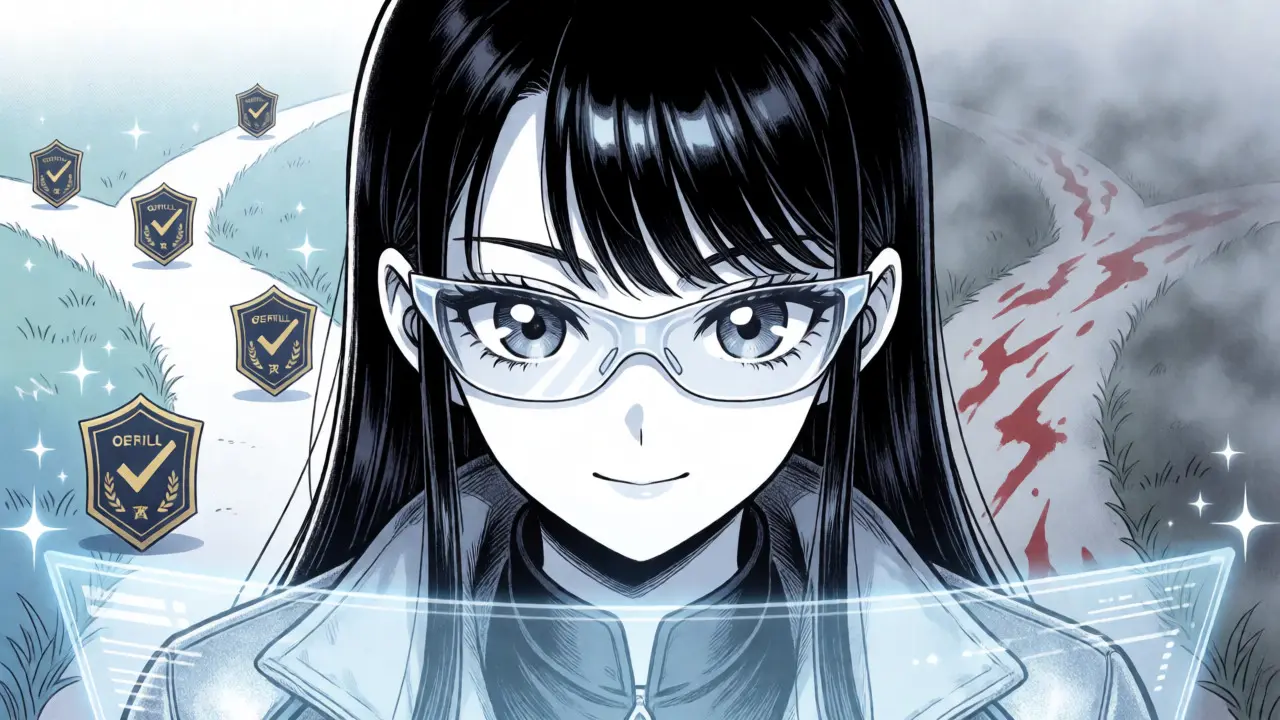 Anime girl with glasses analyzing holographic paths, choosing the verified route over chaos.