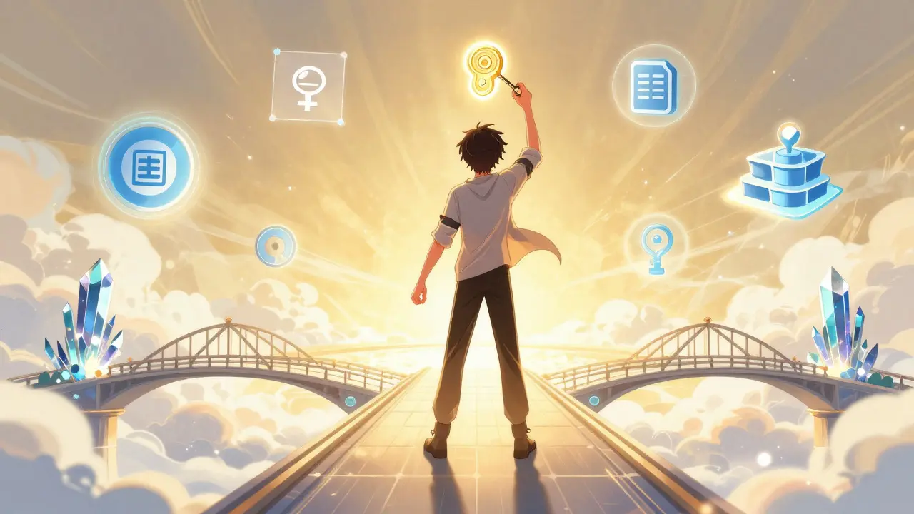 Anime protagonist standing safely on a digital blockchain bridge