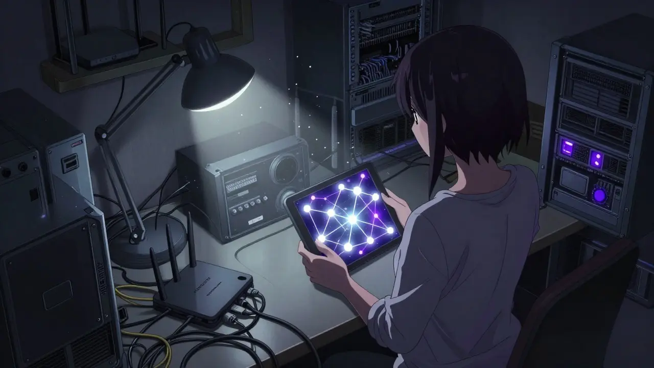 Anime scene of a person surrounded by tangled cables and electronic devices in a dim room