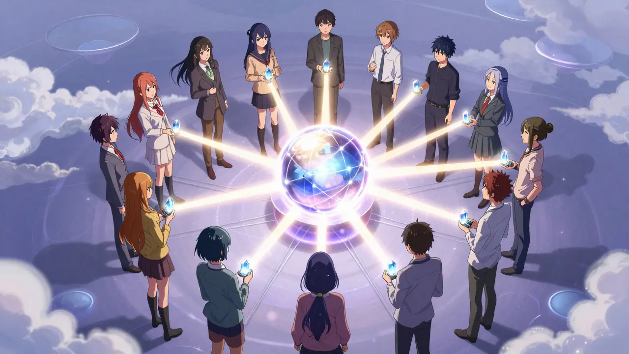 Anime scene showing a group of characters forming a circle around a central light orb, symbolizing consensus.
