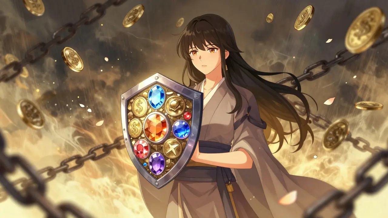 Anime woman holding shield of gems against coin storm
