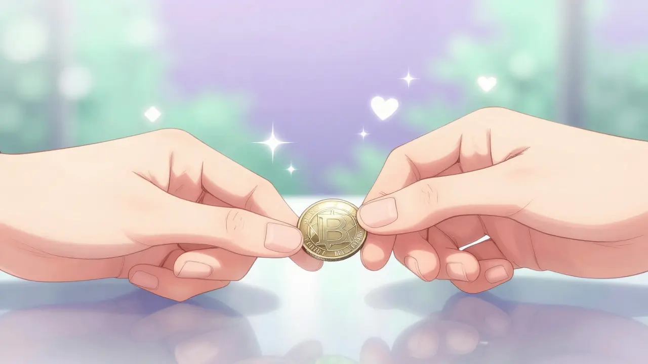 Close-up of hands exchanging a shiny coin with sparkles in anime style