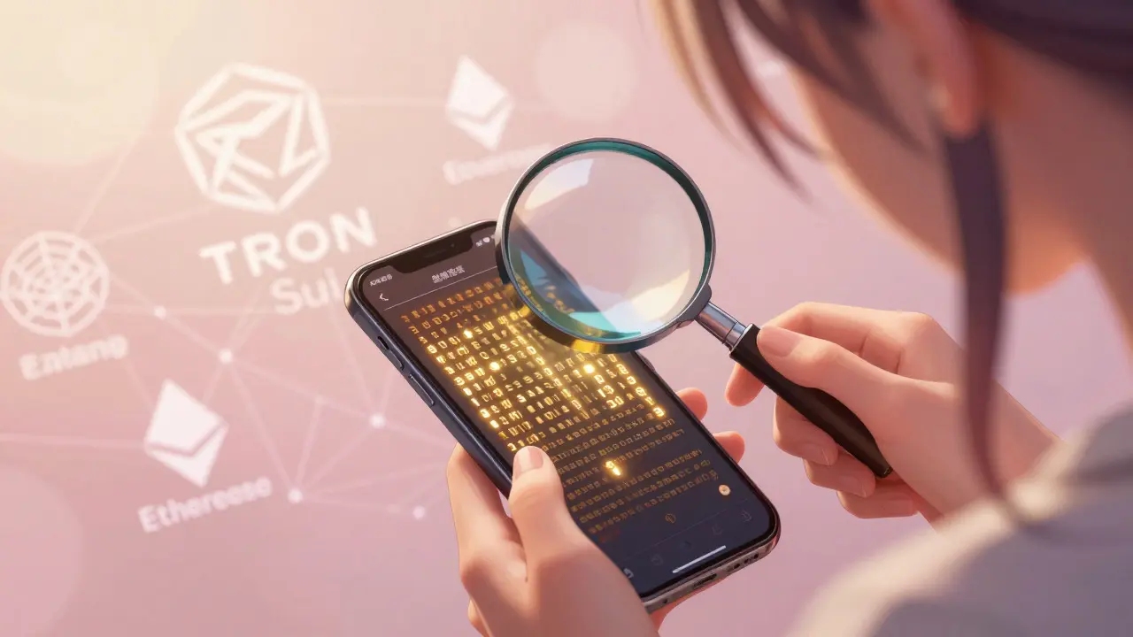 Close up of verifying crypto contract address with magnifying glass in shoujo manga style