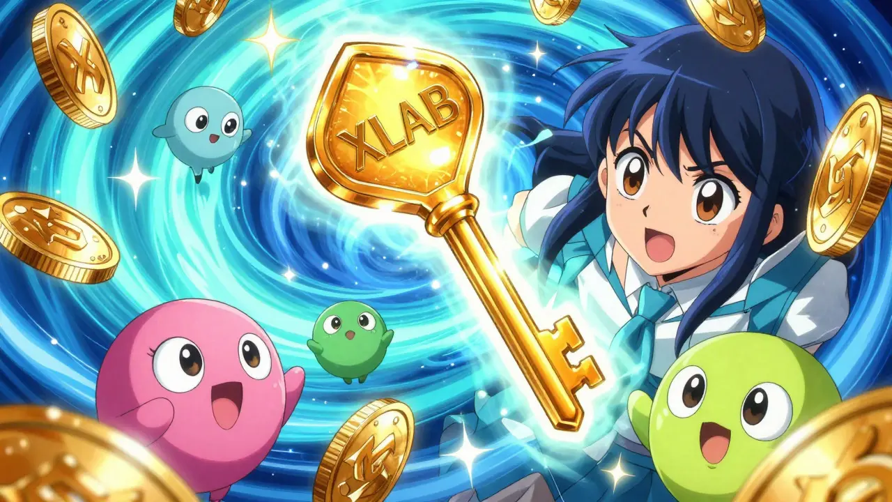Colorful coins orbiting a golden key token amidst swirling energy