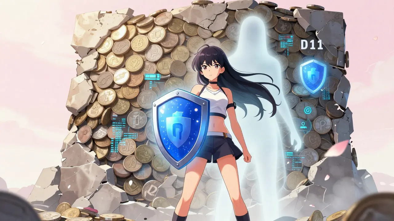 Confident woman holding a shield as a ghostly coin figure fades into mist in a bright setting