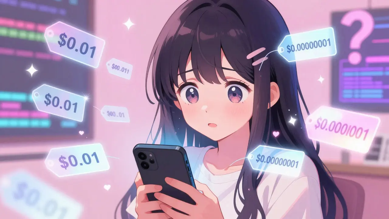 Confused anime girl looking at conflicting crypto prices on her phone