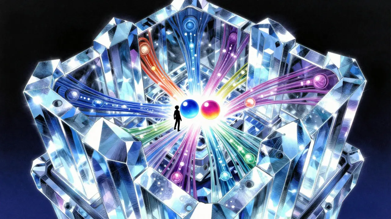 Crystalline liquidity pools with flowing energy streams in manga style