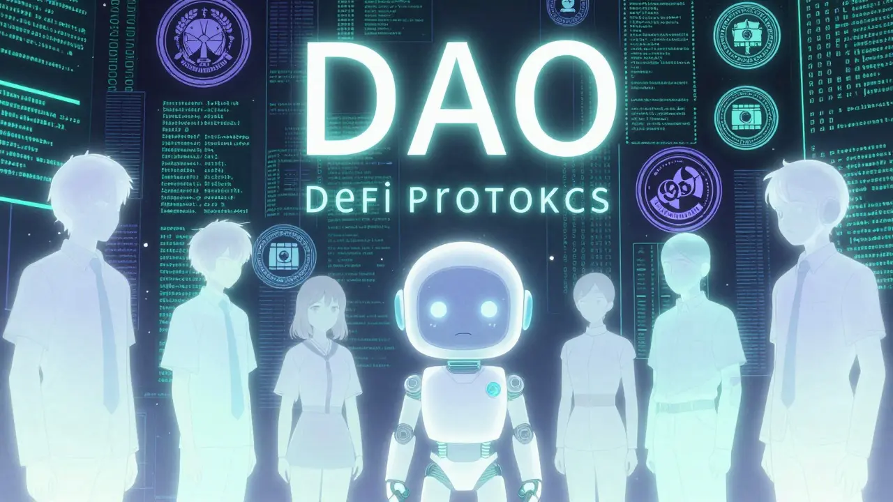 Ethereal anime figures representing DeFi protocols facing regulatory walls and AI bots.