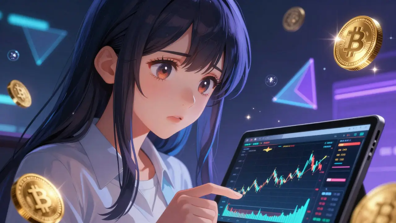Female trader analyzing crypto charts with advanced tools