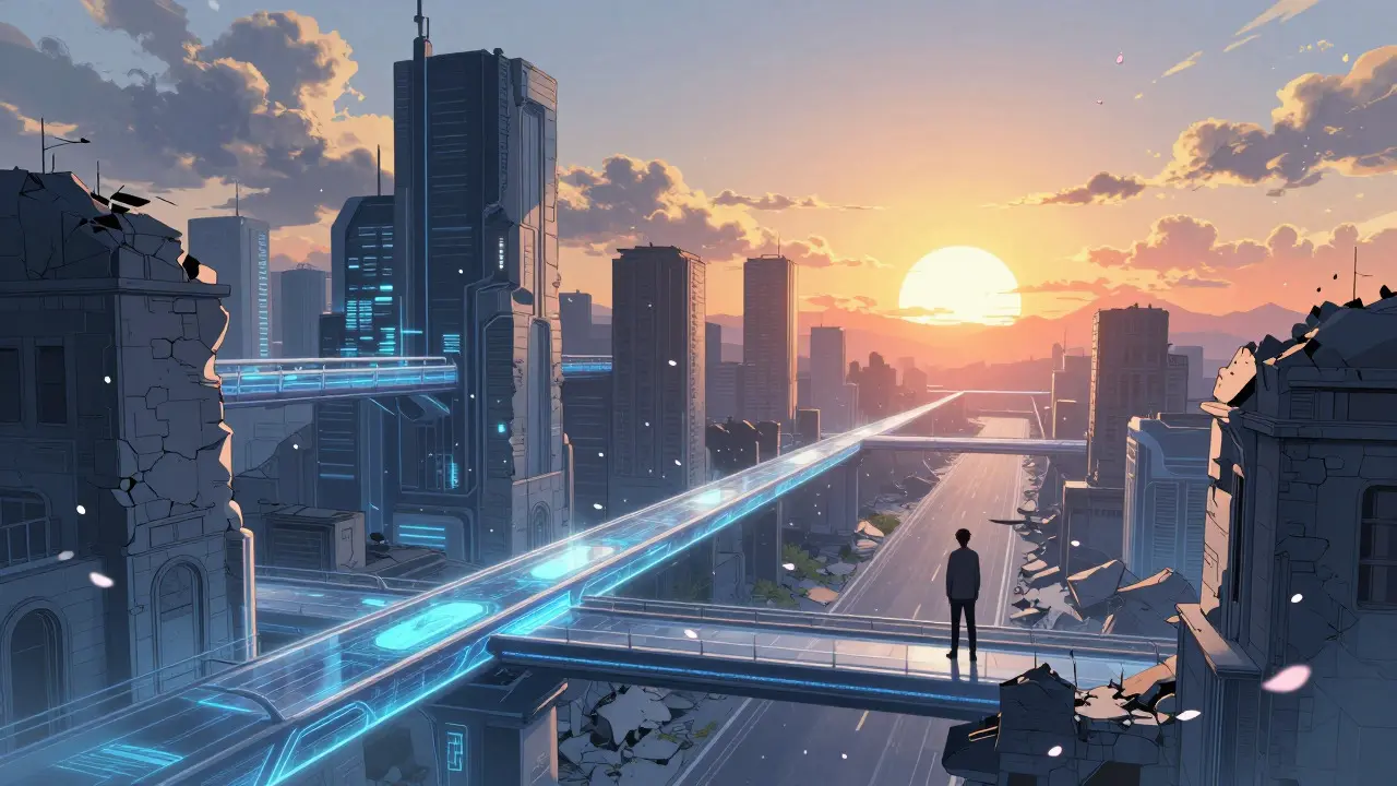 Figure on a bridge overlooking a city rebuilding with digital connections