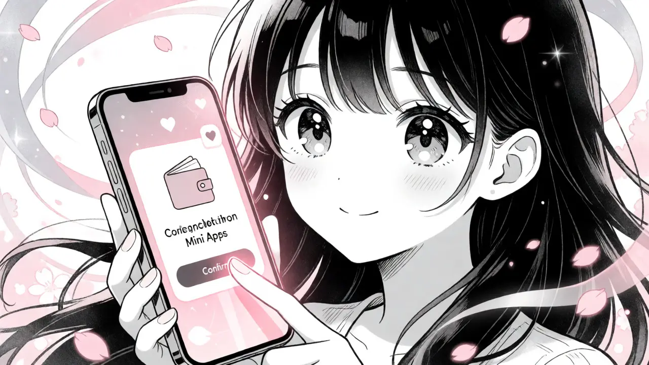 Girl confirming payment on phone with floating hearts and sparkles