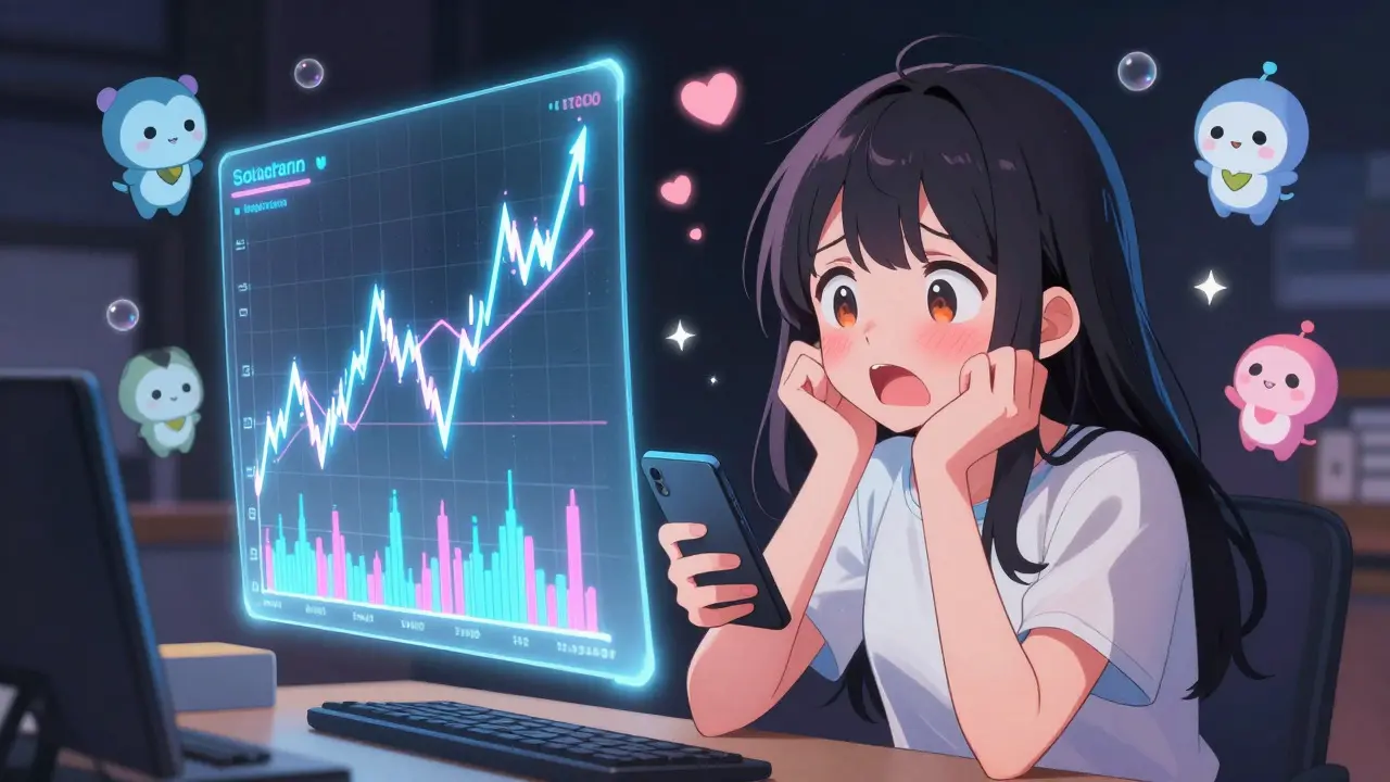 Girl reacting to wild stock chart with floating blockchain mascots in anime style
