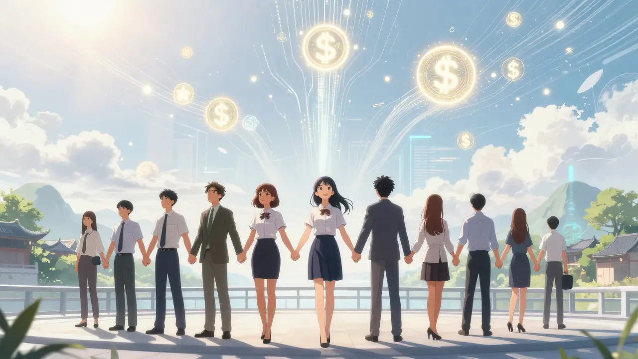 Group of young professionals standing on a bridge towards digital future