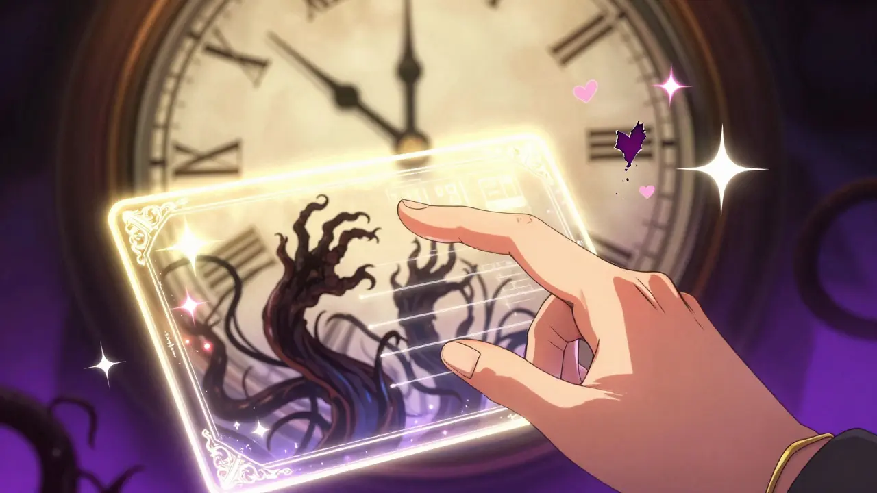 Hand hovering over a glowing digital wallet with shadowy tendrils and a rushing clock in background