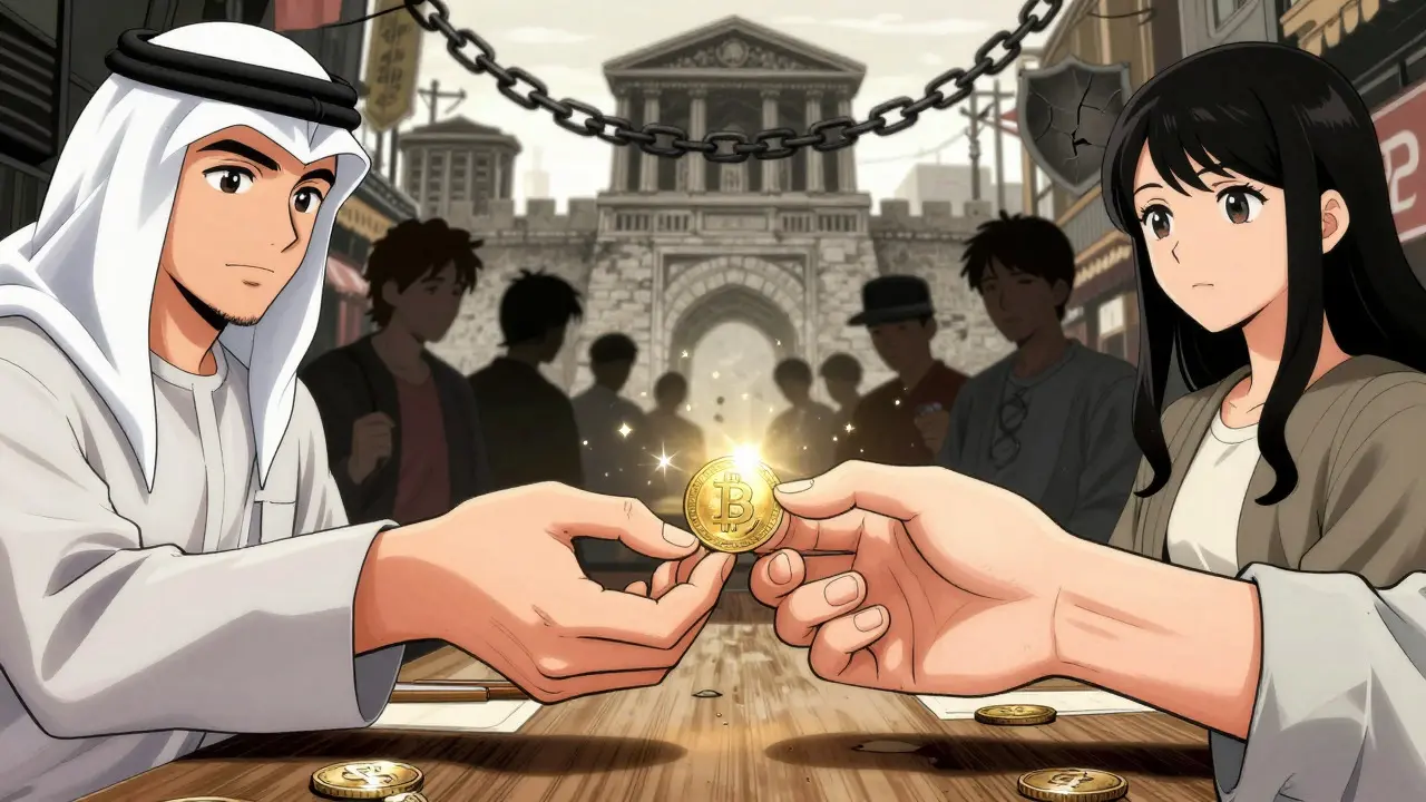 Hands exchanging a glowing coin in a busy street with bank shadows behind
